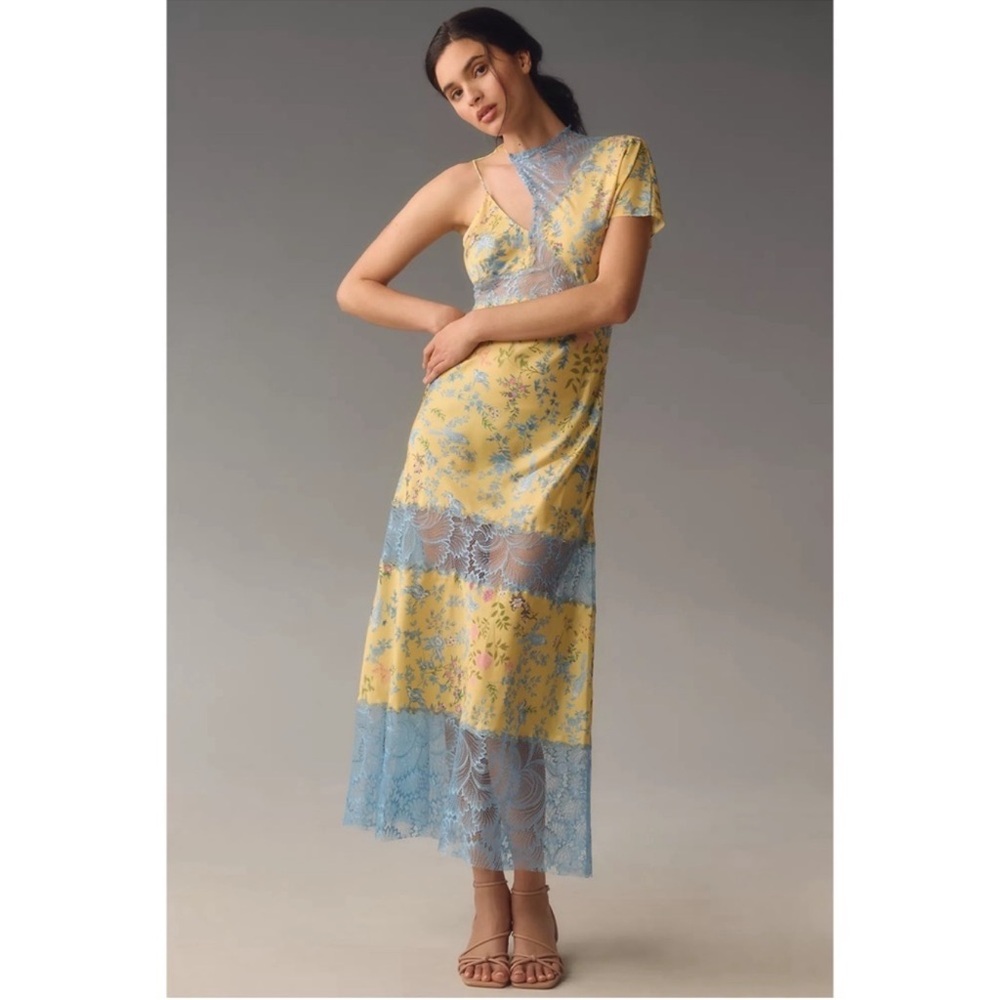 ANTHROPOLOGIE Geisha Designs Asymmetrical Lace Slip Maxi Dress Yellow Floral NWT - Picture 9 of 9